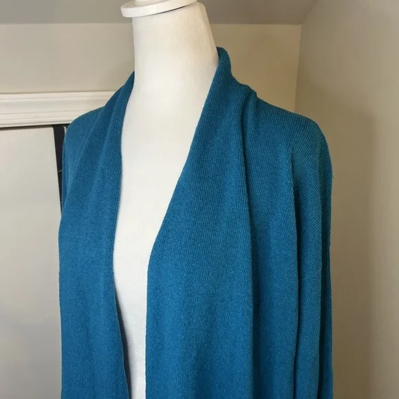 Eileen Fisher Teal Blue Linen Blend Open Front Longline Cardigan Sweater Medium - Picture 2 of 8